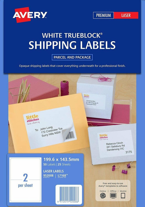 Avery Shipping Labels TrueBlock 199.6 x 143.5mm 2UP 50 Labels