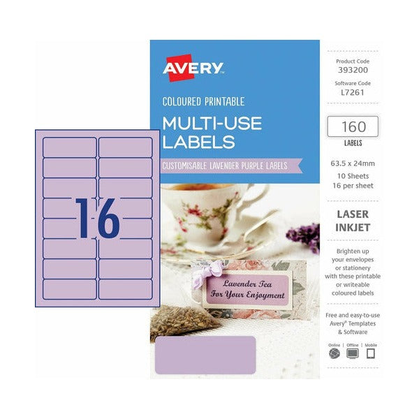 Avery Multi-Use Lavender Purple Labels L7261 63.5 x 24mm 16UP 160 Labels