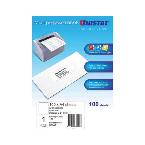 Unistat 38940 Lip Label Back Slit 297 x 210mm Pack 100