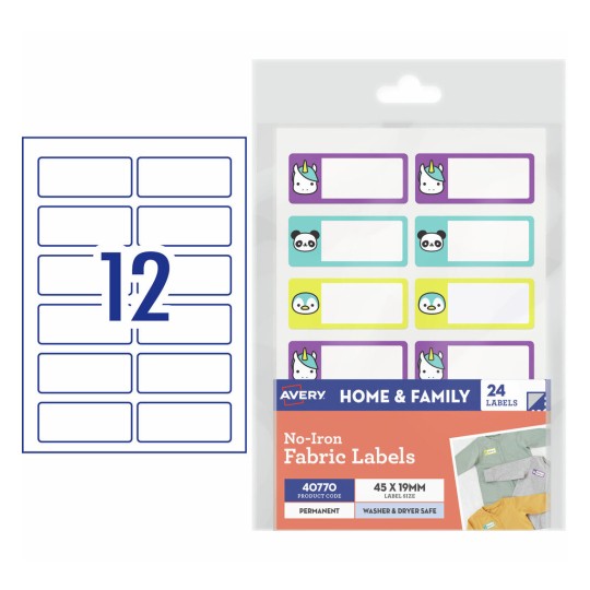 Avery No-Iron Stick On Fabric Labels 45 x 19mm Pack