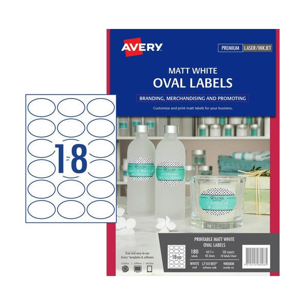 Avery Matt Oval Labels L7101REV 63.5 x 42.3mm 18UP Pack 180