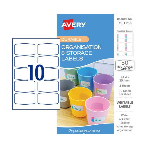 Avery Organisation and Storage Labels Pastel Design 44.4 x 25.4mm Rectangle Removable 50 Pack