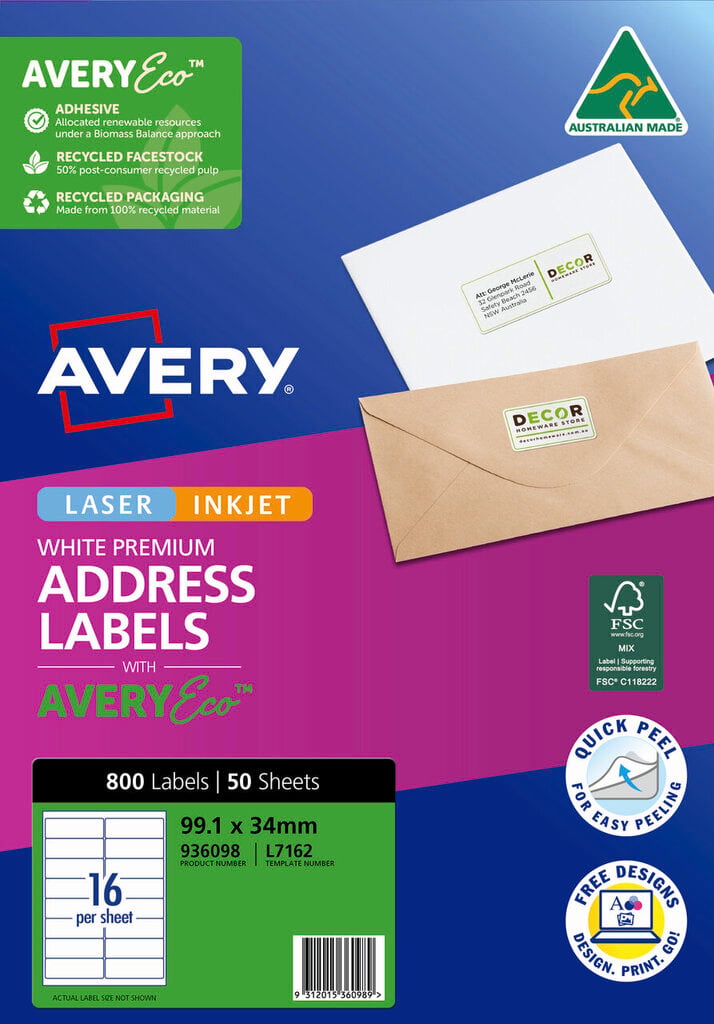 Front of the Avery 936098 AveryEco address labels pack showing White Premium Address Labels, template L7162, the FSC Mix mark, a Quick Peel badge and the Australian Made logo.