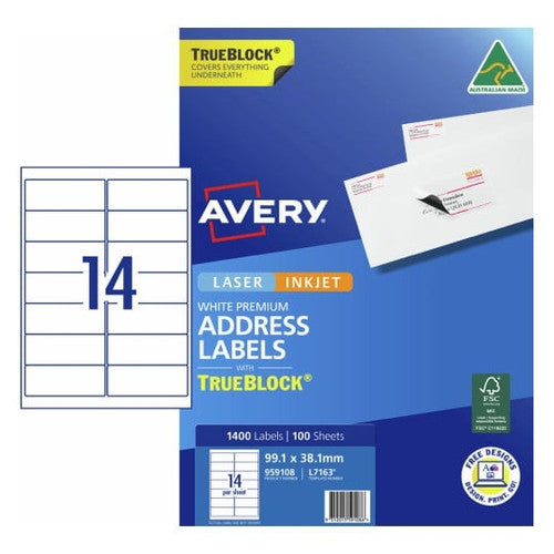 Avery Premium Address Labels TrueBlock 99.1 x 38.1mm 14UP 1400 Labels