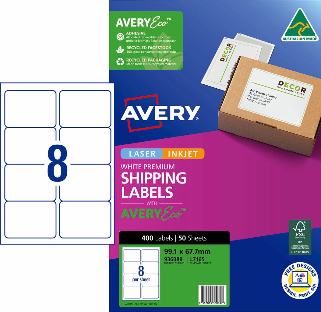 Avery Premium Shipping Labels with AveryEco L7165 99.1 x 67.7mm 8UP Pack 400