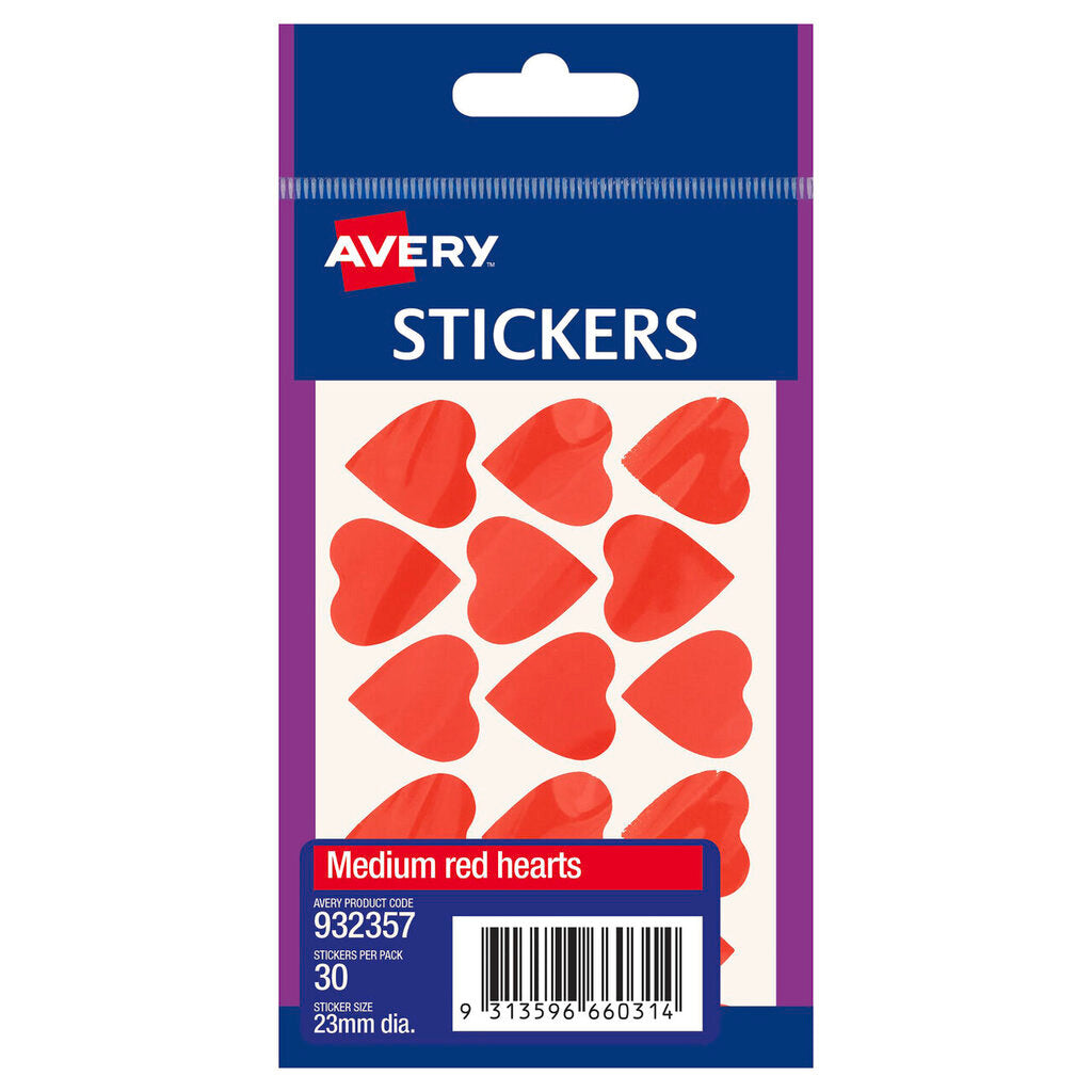 Avery Red Multi-Purpose Stickers Medium Hearts 30 Pack