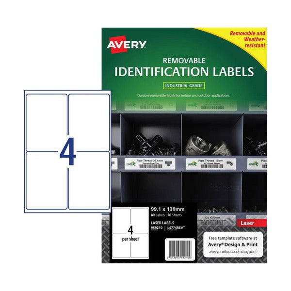 Avery Removable White Heavy Duty Labels L4774REV 139 x 99.1mm 4UP 80 Labels