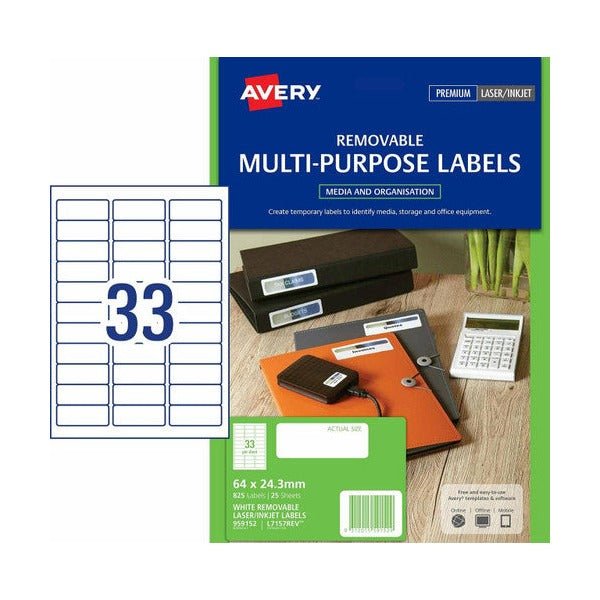 Avery Removable Multi-purpose Labels L7157REV 64 x 24.3mm 33UP Pack 825