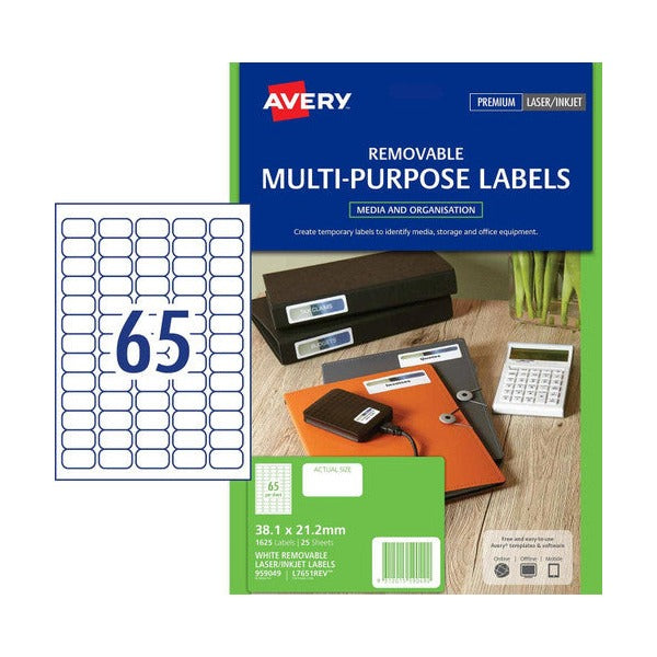 Avery Removable Multi-purpose Labels L7651REV 38.1 x 21.2mm 65UP Pack 1625