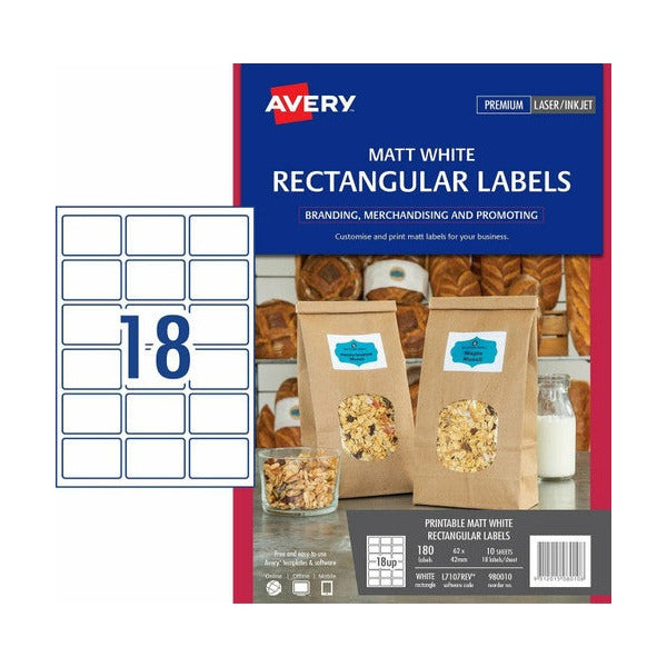 Avery Matt Rectangle Labels L7107REV 62 x 42mm 18UP Pack 180
