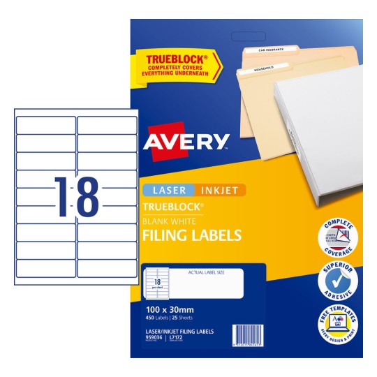 Avery Ring Binder Filing Labels L7172 100 x 30mm 25 Sheets