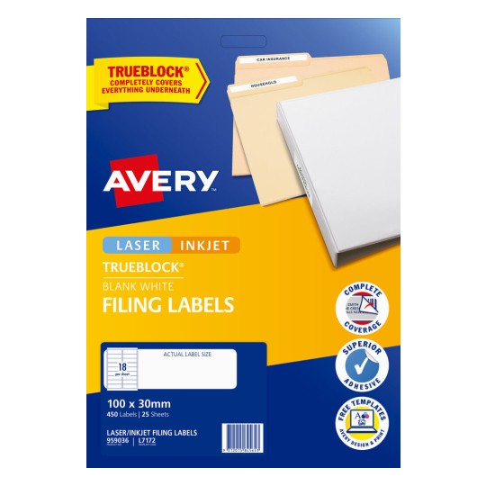 Avery Ring Binder Filing Labels L7172 100 x 30mm 25 Sheets