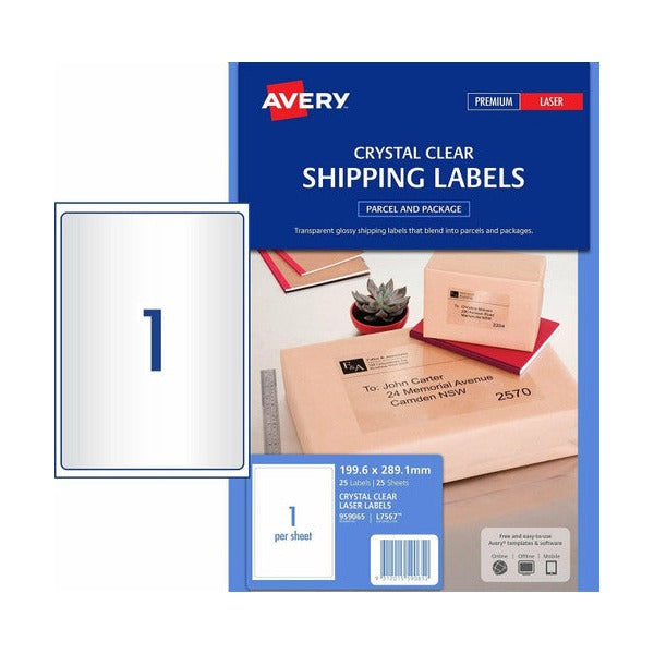 Avery Crystal Clear Shipping Labels L7567 199.6 x 289.1mm 1UP 25 Labels