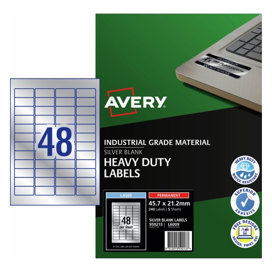 Avery Silver Heavy Duty Labels L6009 45.7 x 21.2mm 48UP 240 Labels