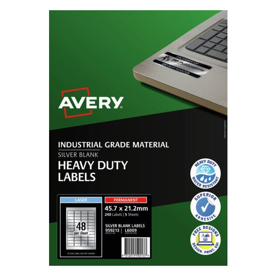 Avery Silver Heavy Duty Labels L6009 45.7 x 21.2mm 48UP 240 Labels