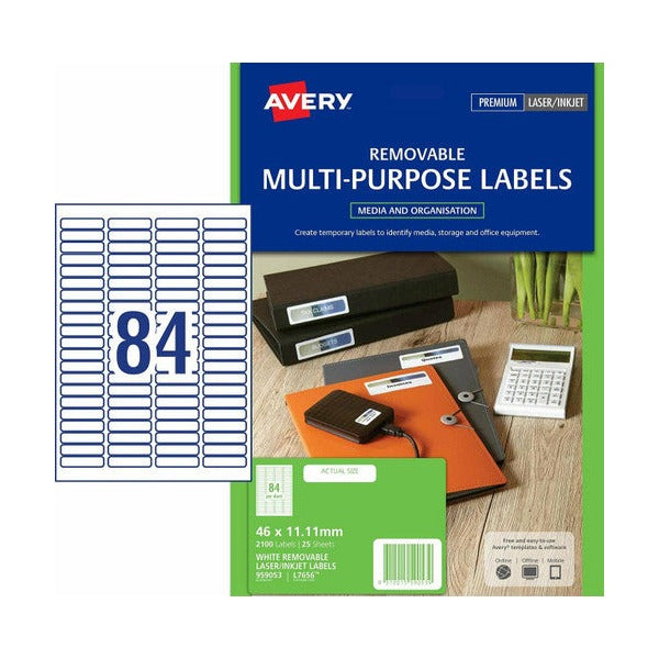 Avery White Removable 35mm Slide or Small Item Labels L7656 2100 Pack 46 x 11.11mm 84UP