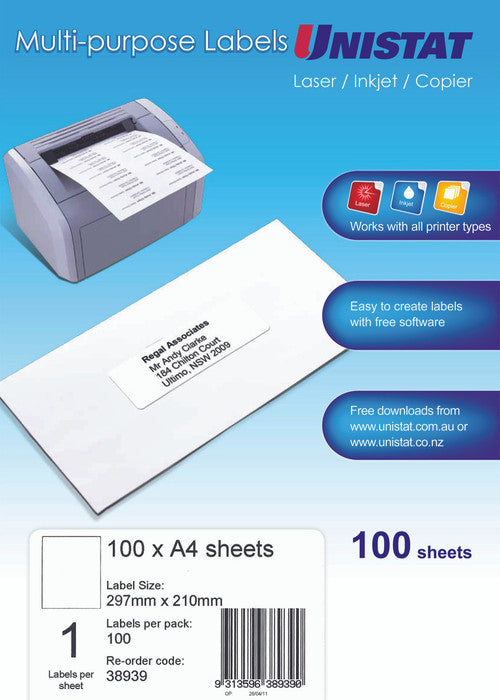 Unistat 38939 Multipurpose Labels 297 x 210mm 1UP 100 Sheets 100 Labels