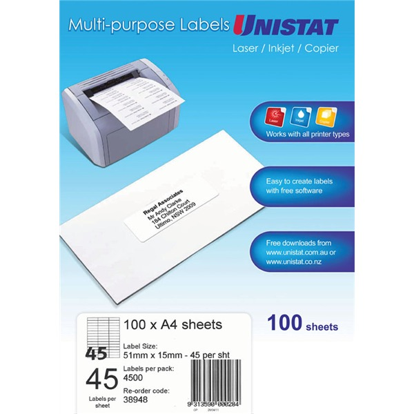 Unistat 38948 Multipurpose Labels 51 x 15mm 45UP 100 Sheets 4500 Labels
