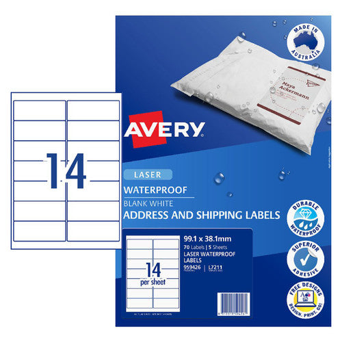 Avery White Waterproof Labels L7211 99.1 x 38.1mm 14UP 70 Labels