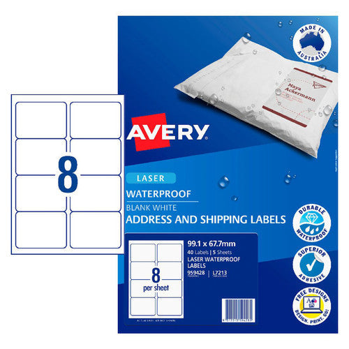 Avery White Waterproof Labels L7213 99.1 x 67.7mm 8UP 40 Labels