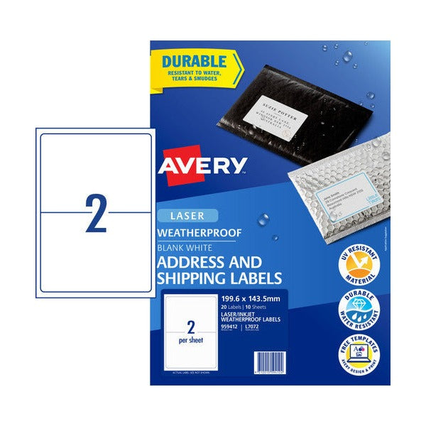 Avery Weatherproof Shipping Labels L7072 10 Pack 199.6 x 143.5mm Laser White
