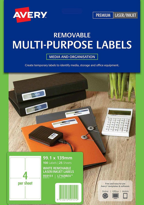 Avery Removable Multi-purpose Labels L7169REV 99.1 x 139mm 4UP Pack 100