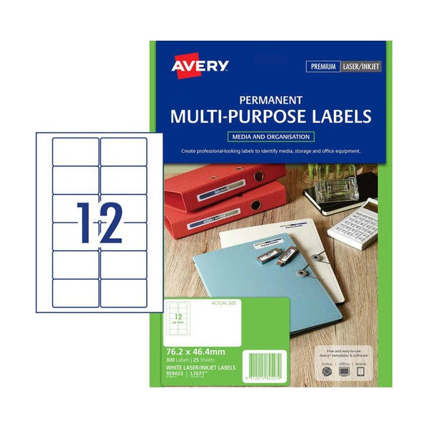 Avery White Video Face Labels L7671 300 Pack 76.2 x 46.4mm 12UP