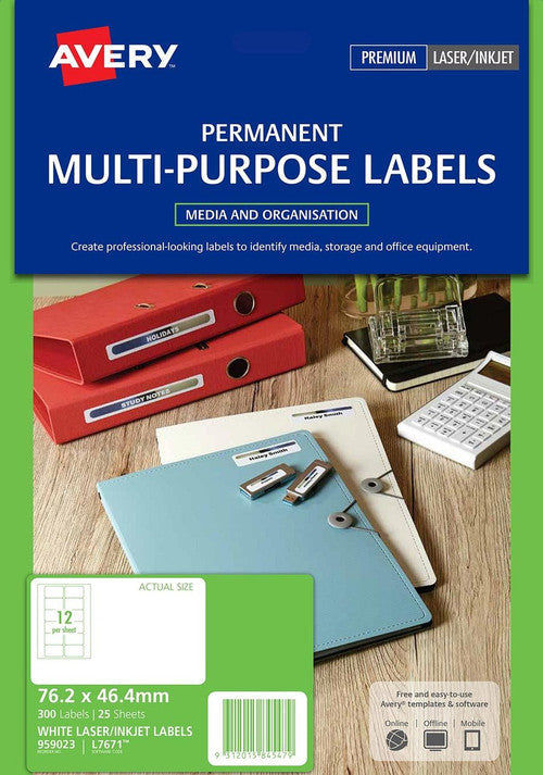 Avery White Video Face Labels L7671 300 Pack 76.2 x 46.4mm 12UP
