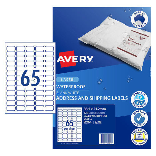 Avery White Waterproof Labels L7210 38.1 x 21.2mm 65UP 325 Labels