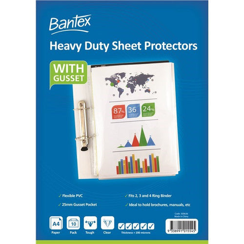 Bantex A4 Heavy Duty PVC Sheet Protectors with Gusset 200 Micron Clear Pack of 10