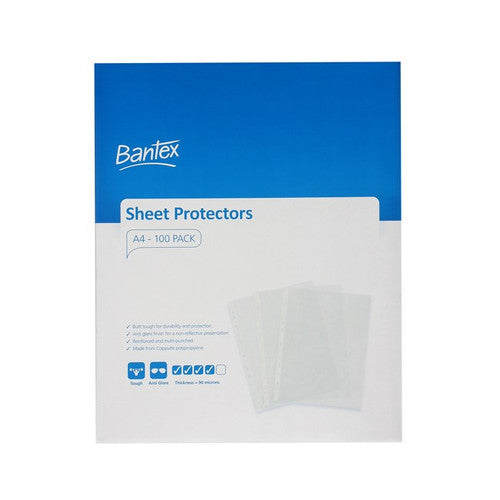 Bantex A4 Sheet Protectors Tough PP 90 Micron Embossed Clear Pack of 100