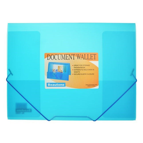 Beautone Document Wallet A4 Cool Frost Transparent Elastic Closure Blue Box 24