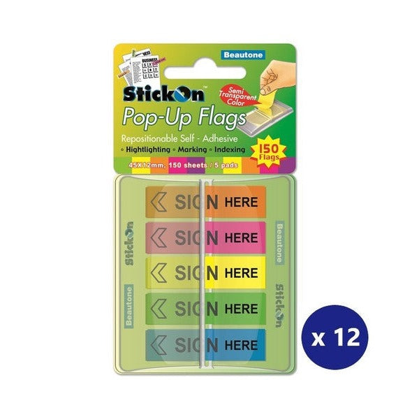 Beautone Pop Up Sign Here Stick On Flags 45mm x 12mm Assorted Box of 12