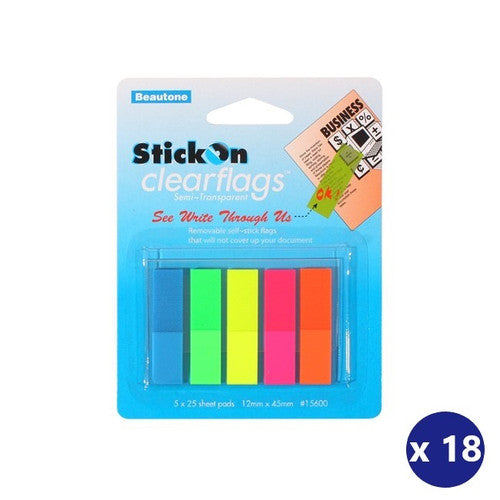 Beautone Stick On Flags 12mm x 45mm Assorted Box of 18 Packs