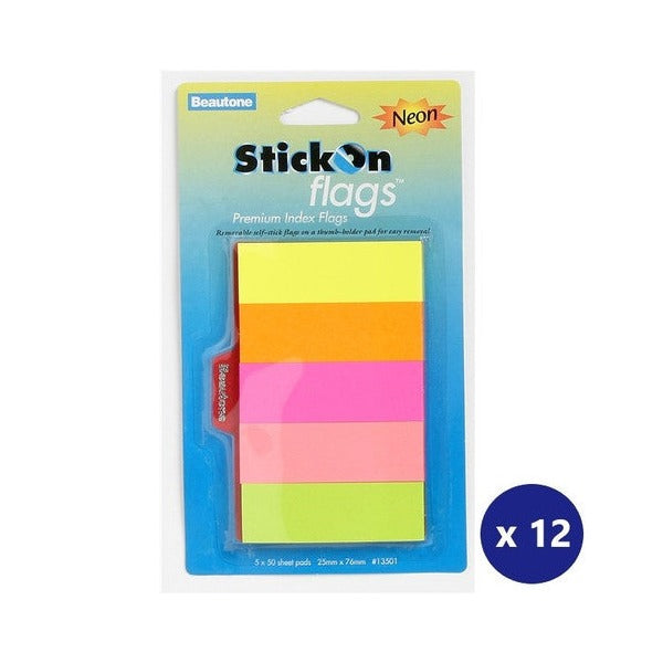 Beautone Stick On Flags 25mm x 76mm Neon Assorted Box of 12