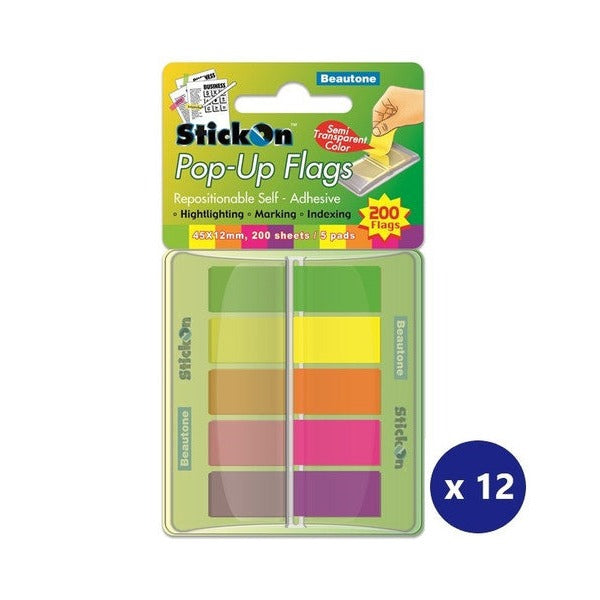 Beautone Stick On Flags Pop Up 45mm x 12mm 5 Pads x 40 Sheets Assorted Box 12