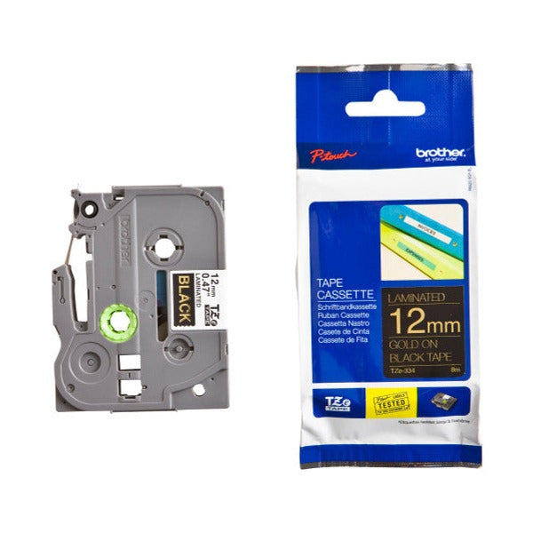 Brother TZe-334 Laminated Label Tape 12mm Gold on Black