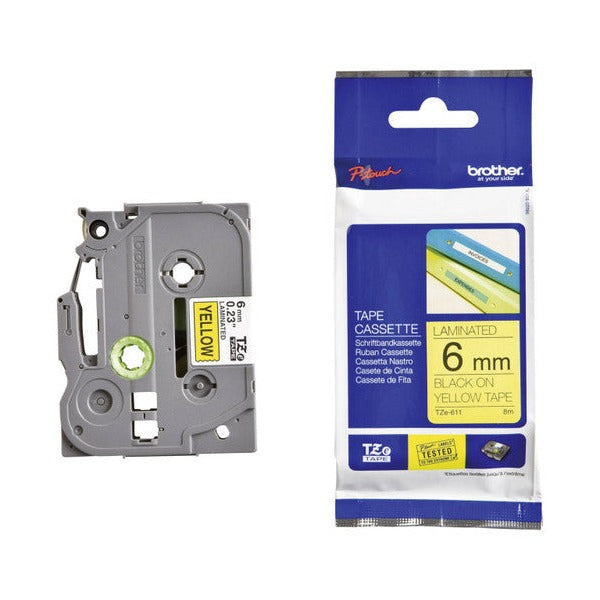 Brother TZe-611 Laminated Label Tape 6mm Black on Yellow