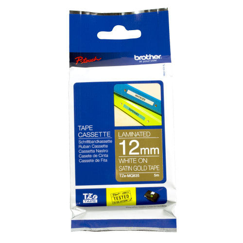 Brother TZe-MQ835 Satin Laminated Label Tape 12mm White on Satin Gold