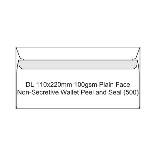 Candida DL Envelopes 100gsm Plain Face Non-Secretive Wallet Peel and Seal 110 x 220mm Box of 500