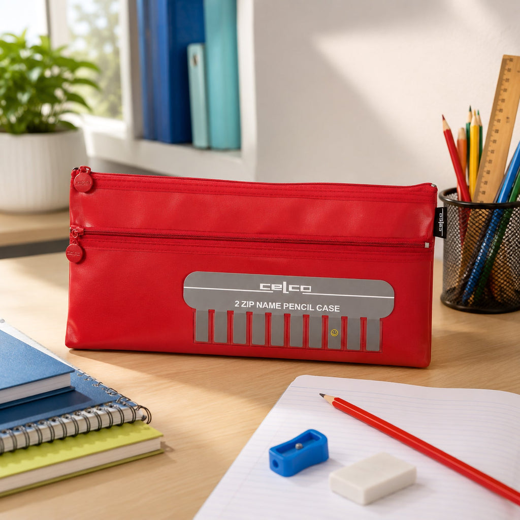 Celco Name Pencil Case Red Large 2 Zip 350 x 180mm