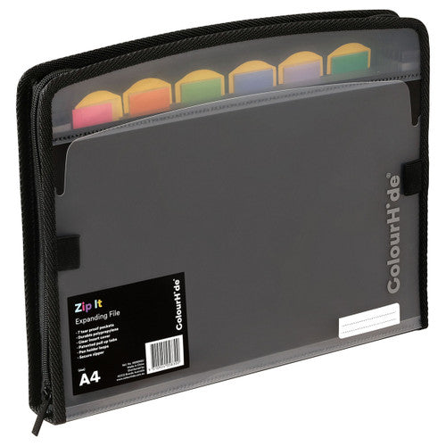 ColourHide ZipIt A4 Expanding File 7 Pockets Black
