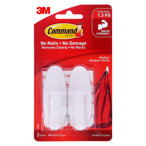 Command Designer Hooks Medium White 2 Pack (1.3kg)