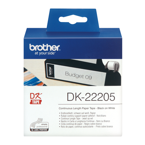 Brother DK-22205 62mm x 30.48m Black on White Continuous Paper Label Roll