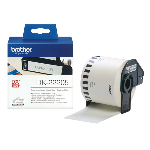 Brother DK-22205 62mm x 30.48m Black on White Continuous Paper Label Roll