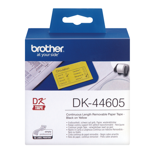 Brother DK-44605 62mm x 30.48m Black on Yellow Removable Paper Label Roll