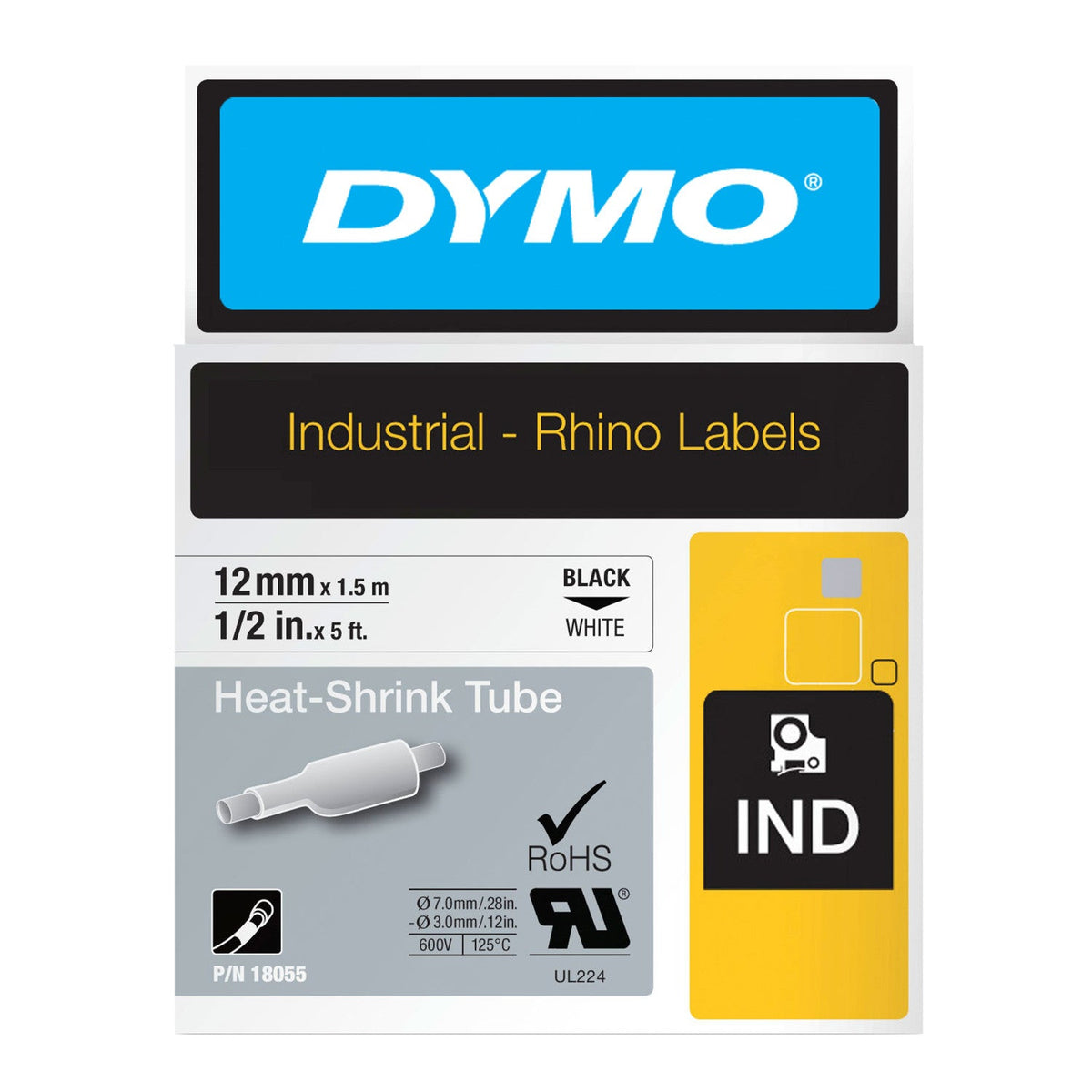 Dymo Rhino Heat Shrink Tube Label Tape 12mm x 1.5m Black on White