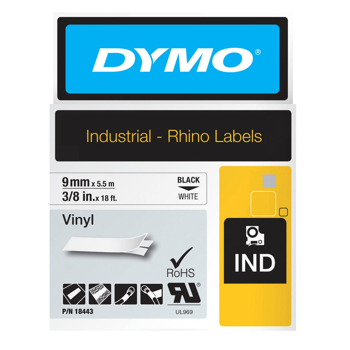 Dymo Rhino Vinyl Label Tape 9mm x 5.5m Black on White