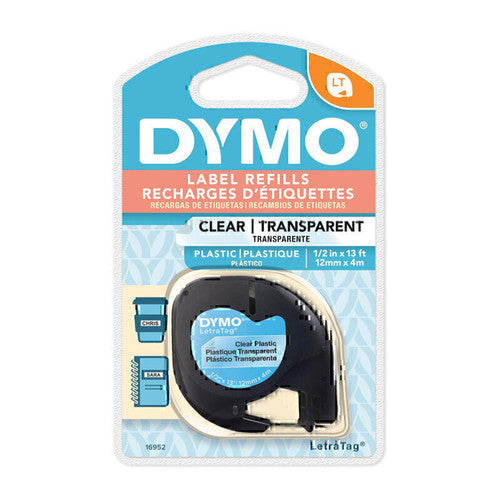 Dymo LetraTag Label Tape 12mm x 4m Black on Clear Plastic Single Roll
