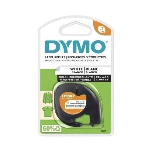 Dymo LetraTag Label Tape 12mm x 2m Black on White Iron-On Fabric